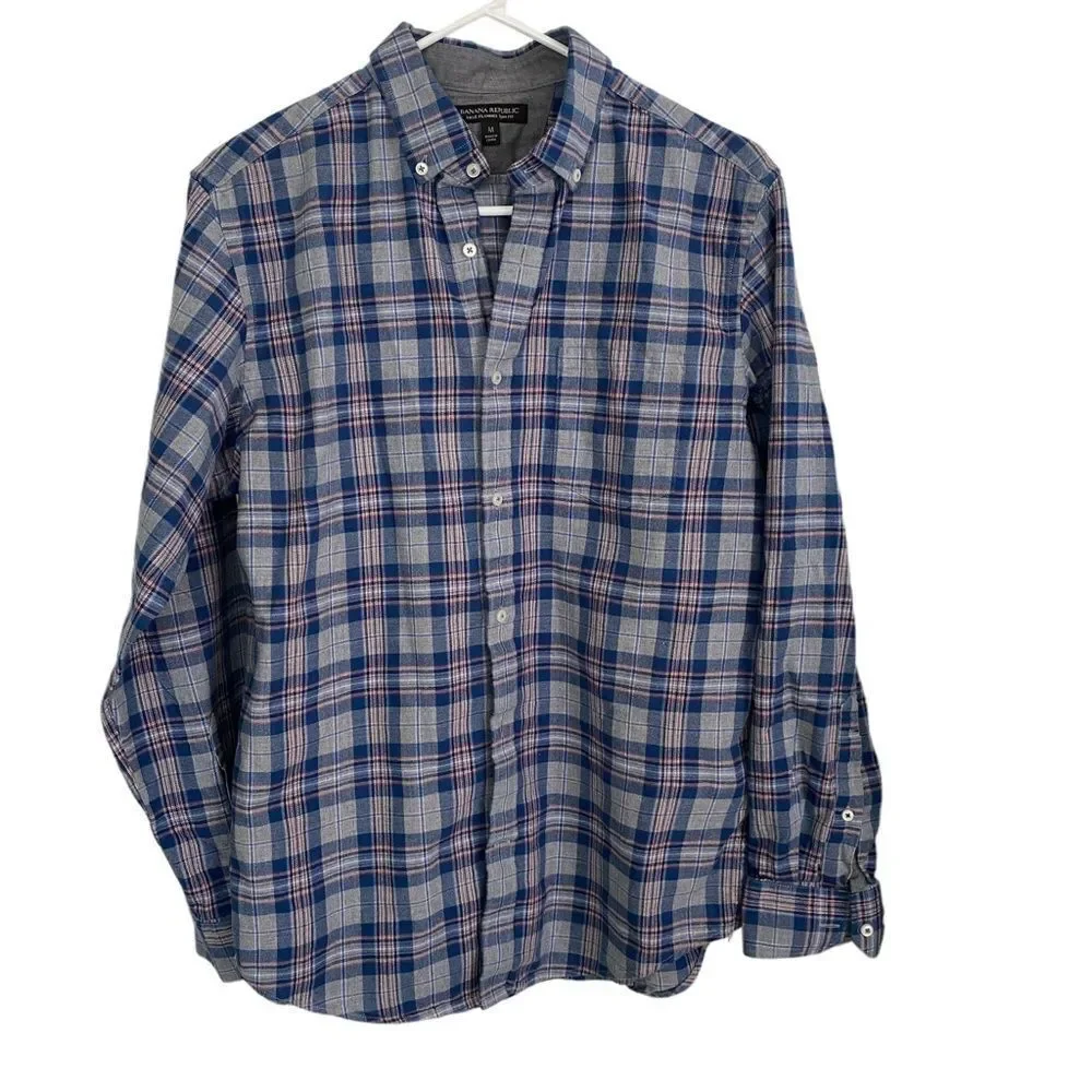 Banana Republic Gray/Blue Striped Luxe Flannel Slim Fit‎ Sz M